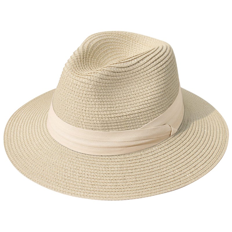 Lanzom Women Wide Brim Straw Panama Roll up Hat Fedora Beach Sun Hat UPF50+ (Z-Beige Ribbon Khaki) - Image 1